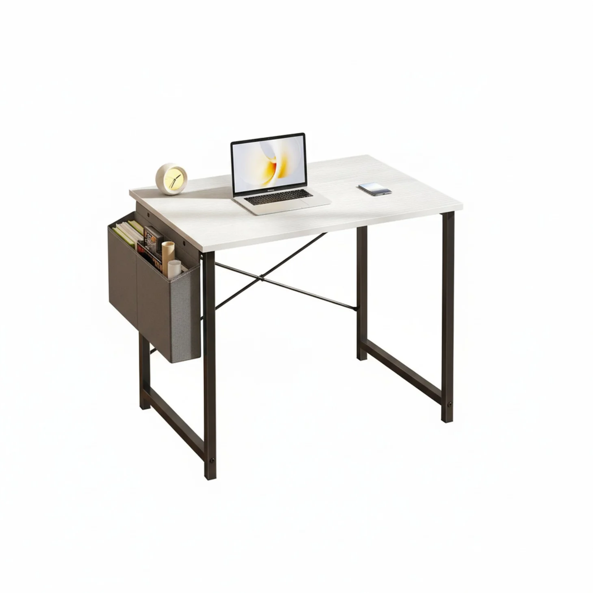 Black compact desk with storage bag and hook — view 3