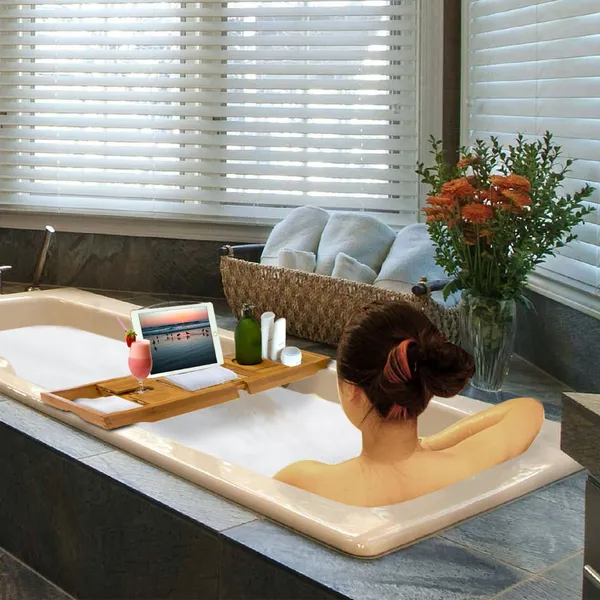 Bathtub Caddy Tray Crafted Bamboo Bath Tray Table Extendable Reading Rack Tablet — product image 3
