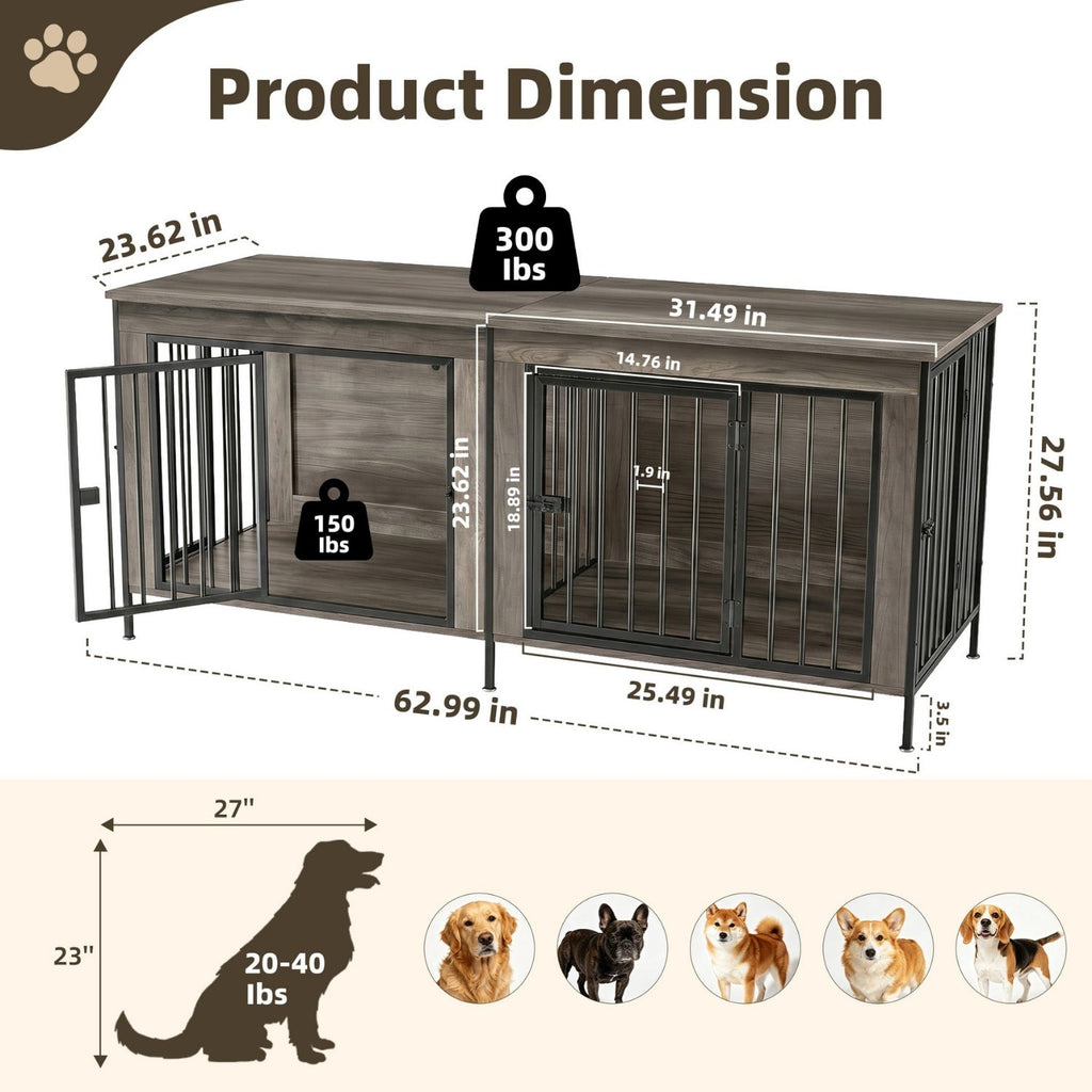 Double Dog Crate Furniture With Divider, Heavy Duty Pet Kennel End Table TV Stand, Extra Large Double Door — product image 3