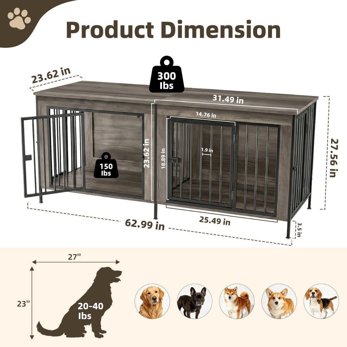 Double Dog Crate Furniture With Divider, Heavy Duty Pet Kennel End Table TV Stand, Extra Large Double Door — product image 3