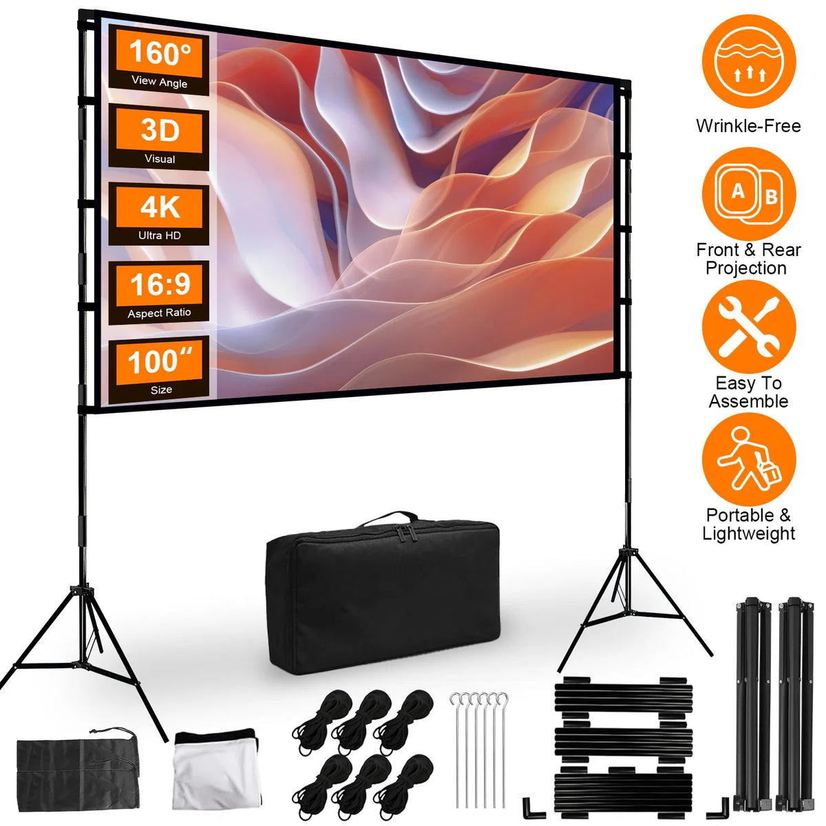 100inch 120inch Options Projector Screen With Stand 4K HD Rear Front Wrinkle-Free Portable And Foldable Movie Screen With Carry Bag For Indoor Outdoor Home Theater Backyard Cinema — product image 1