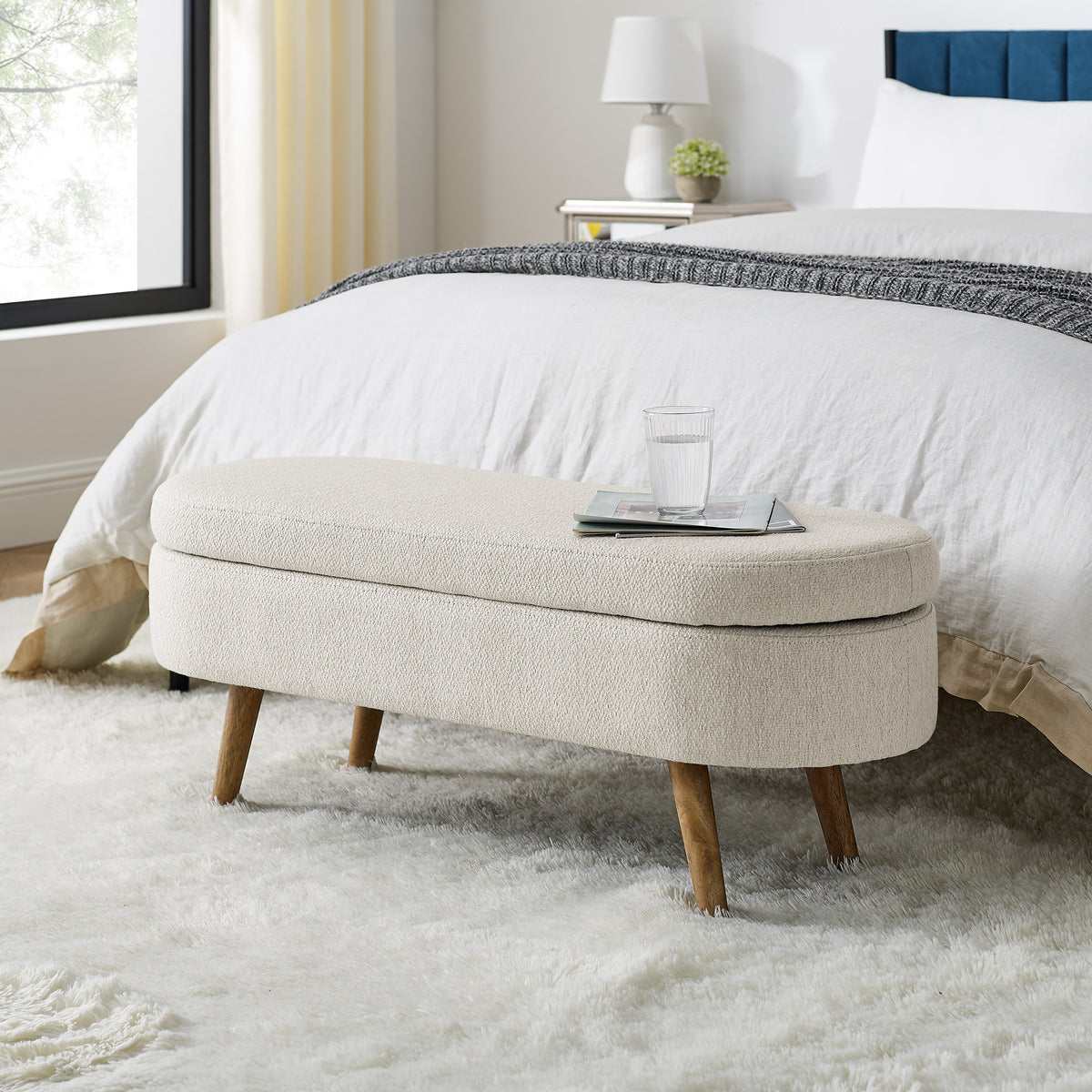 Ottoman Oval Storage Bench,Rubber Wood Legs, Beige 43.5x16x16 — product image 1