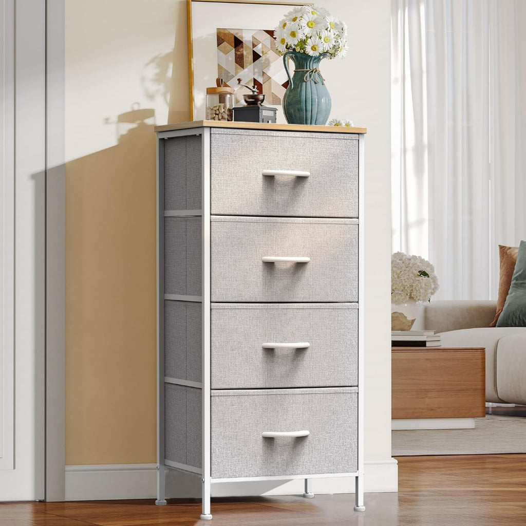 Black wood five-drawer fabric dresser — view 2
