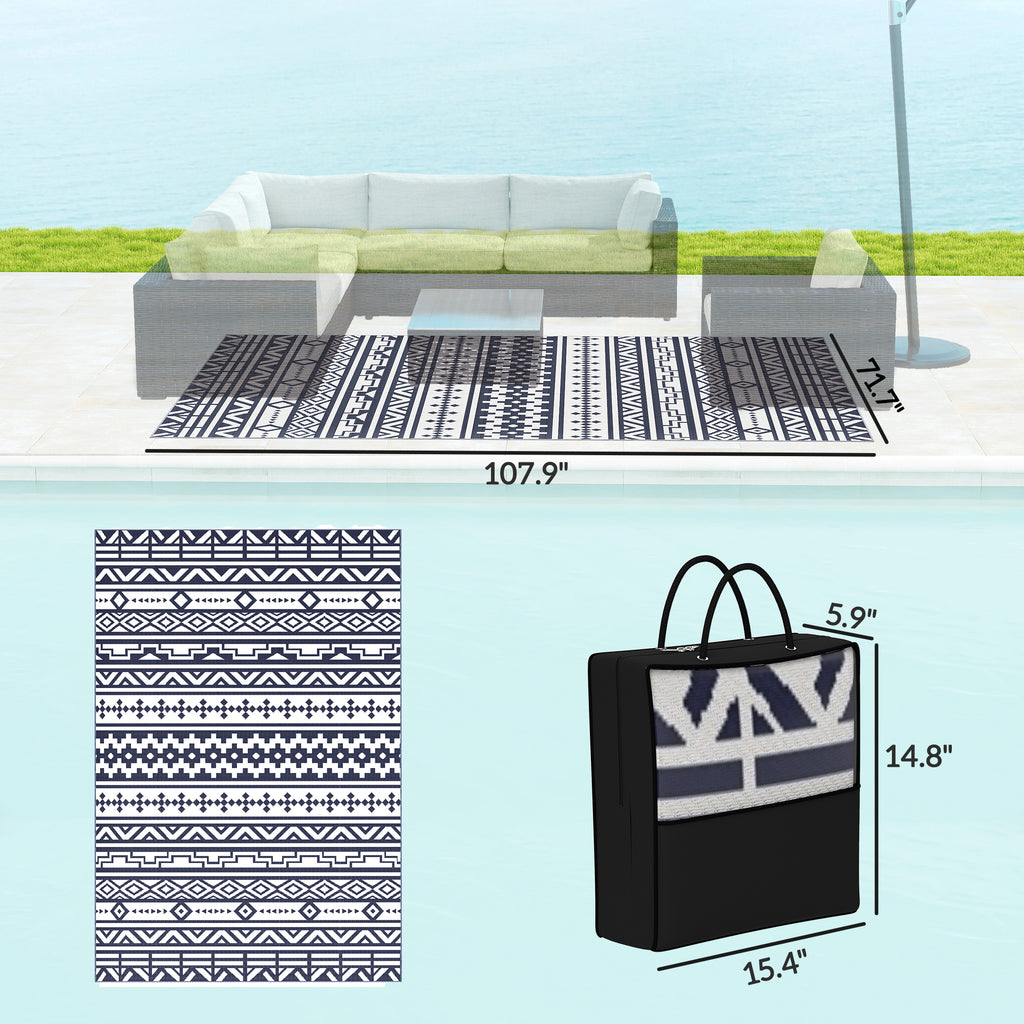  Reversible Outdoor Rug, Waterproof Plastic Straw with Carry Bag, 6' x 9', Blue & White Geometric — product image 3