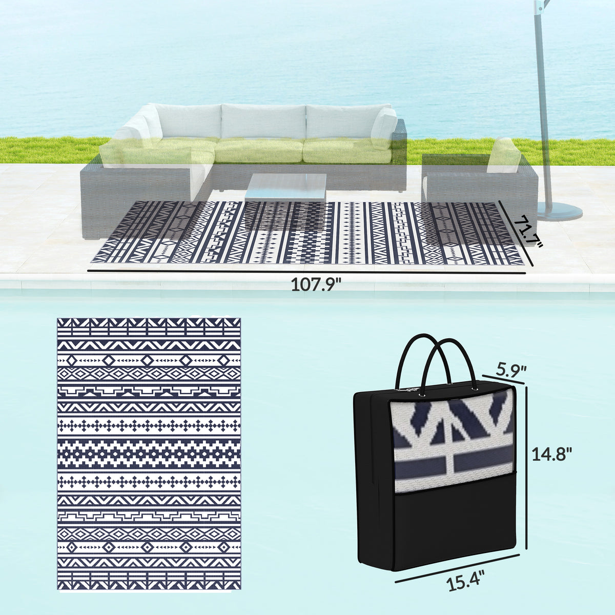  Reversible Outdoor Rug, Waterproof Plastic Straw with Carry Bag, 6' x 9', Blue & White Geometric — product image 3