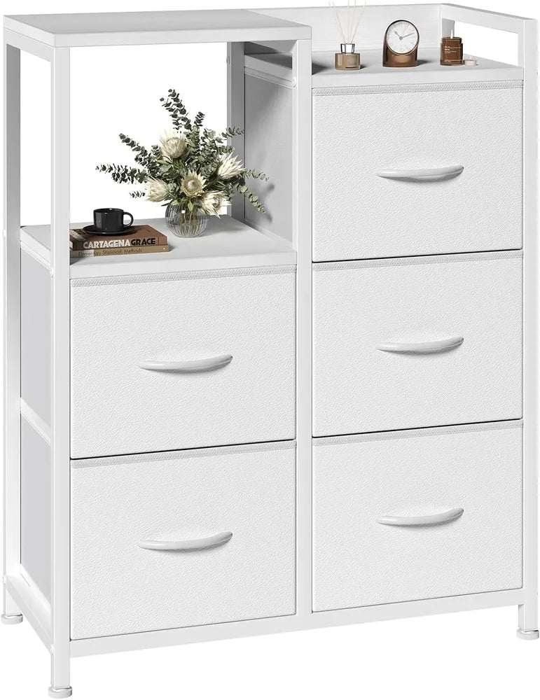 5 Drawer White Dressers For Bedroom 2 Tier Shelf Shelf Small Fabric Dresser For Closet Sturdy Metal Frame Modern Style Storage Cabinets Organization Units For Hallway Rooms — product image 1