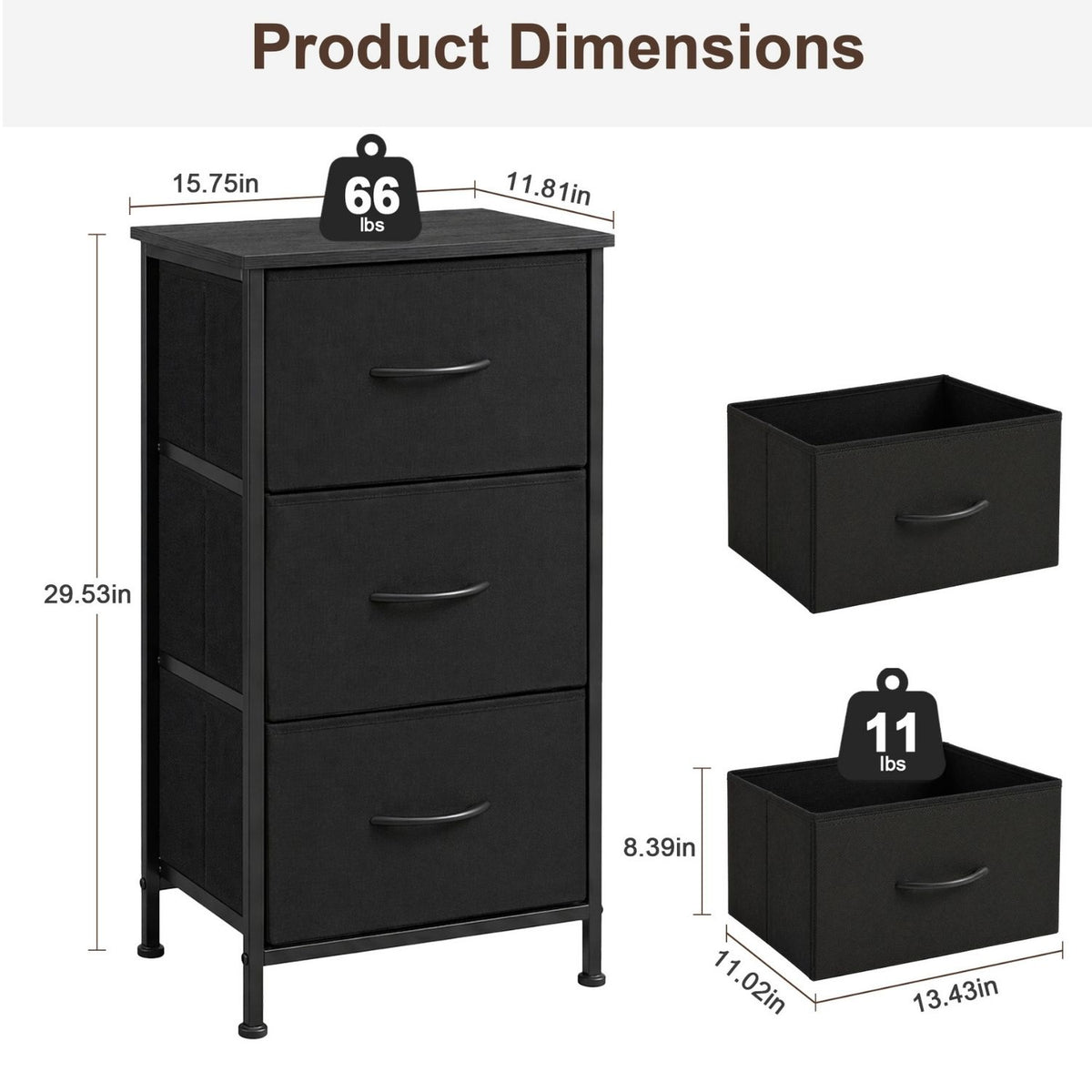 Compact three-drawer fabric dresser product details