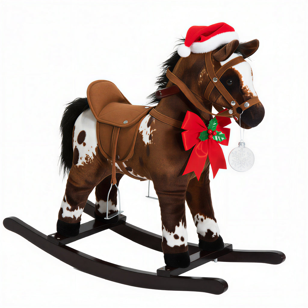 Kids Wooden Plush Ride-On Rocking Horse Chair Toy with Realistic Sounds Dark Brown/White — product image 1