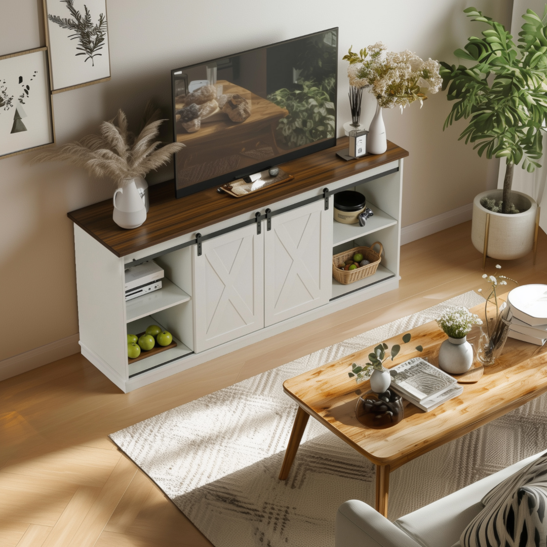 65-Inch Solid Wood TV Cabinet with Double-Layer Storage Space Sliding Door — product image 3