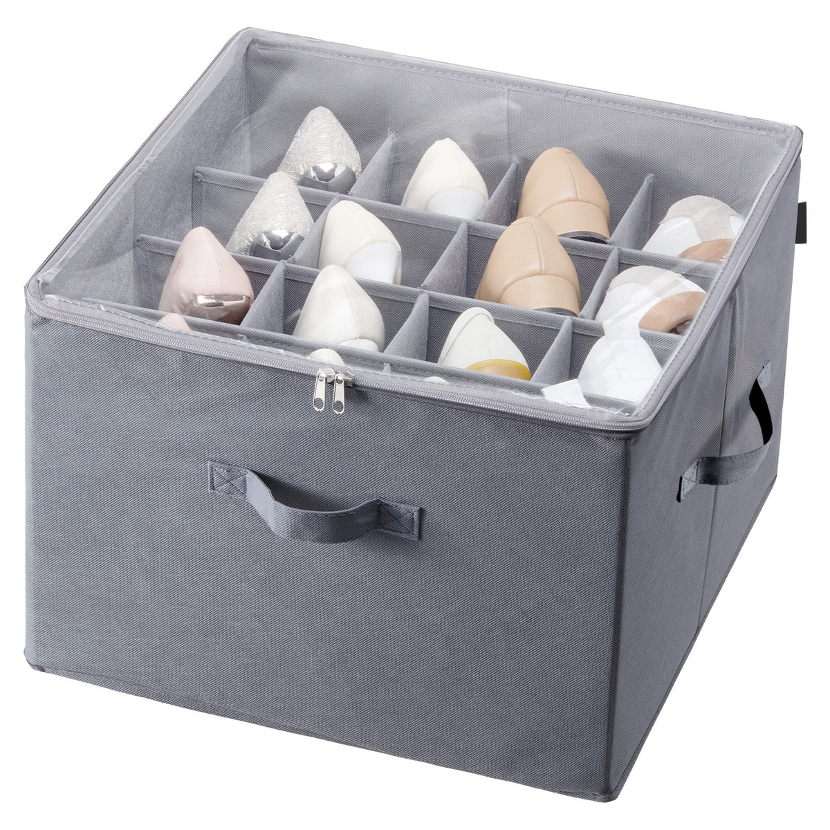 Gray under-bed shoe organizer with adjustable dividers
