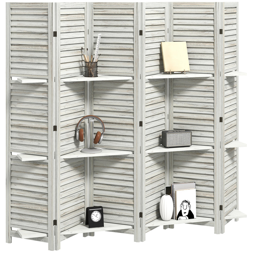6 Panel 67" Tall Wood Privacy Screen Room Divider with 3 Shelves and Folding Storage — product image 1