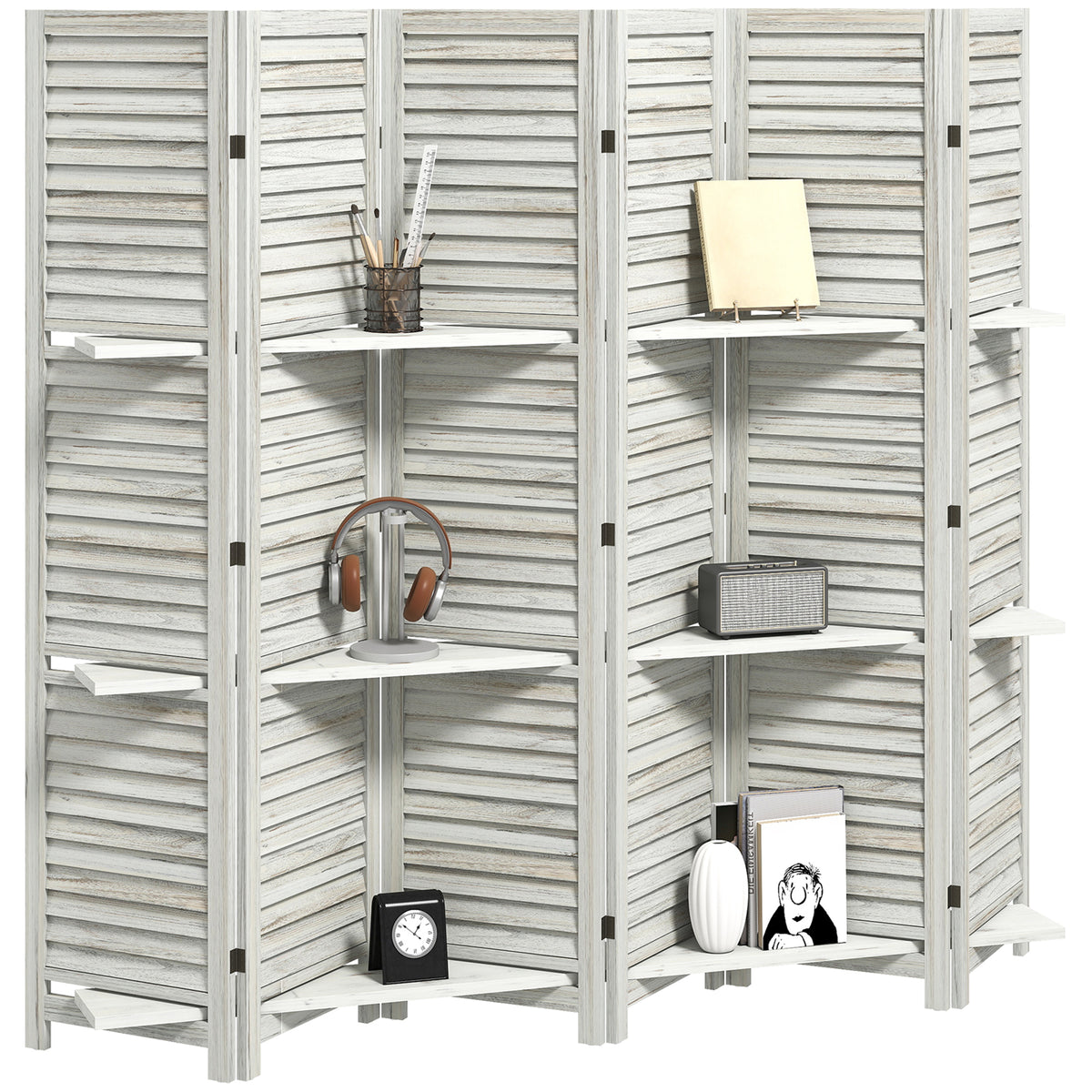 6 Panel 67" Tall Wood Privacy Screen Room Divider with 3 Shelves and Folding Storage — product image 1