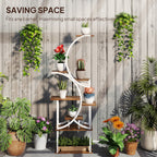Space-saving S-shaped plant stand fitted into a garden corner with eight staggered shelves