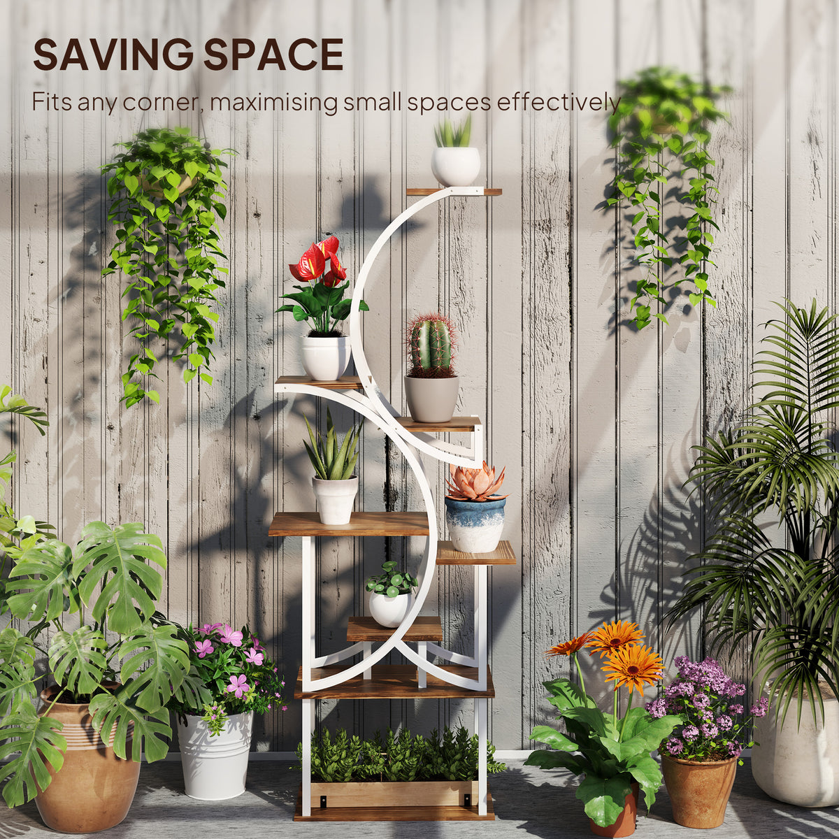 Space-saving S-shaped plant stand fitted into a garden corner with eight staggered shelves