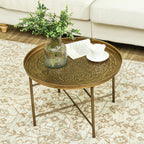 Coffee Table for Living Room, 24" Round Center Table with Hammered Tray Top and Metal Frame for Bedroom, Gold — product image 2