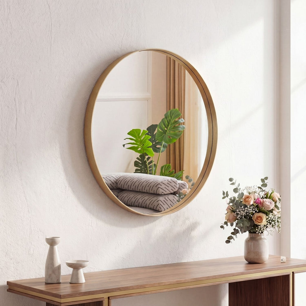 Gold round aluminum frame wall mirror shown against a neutral wall