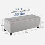 Light gray storage ottoman dimensions and 250-pound load capacity graphic