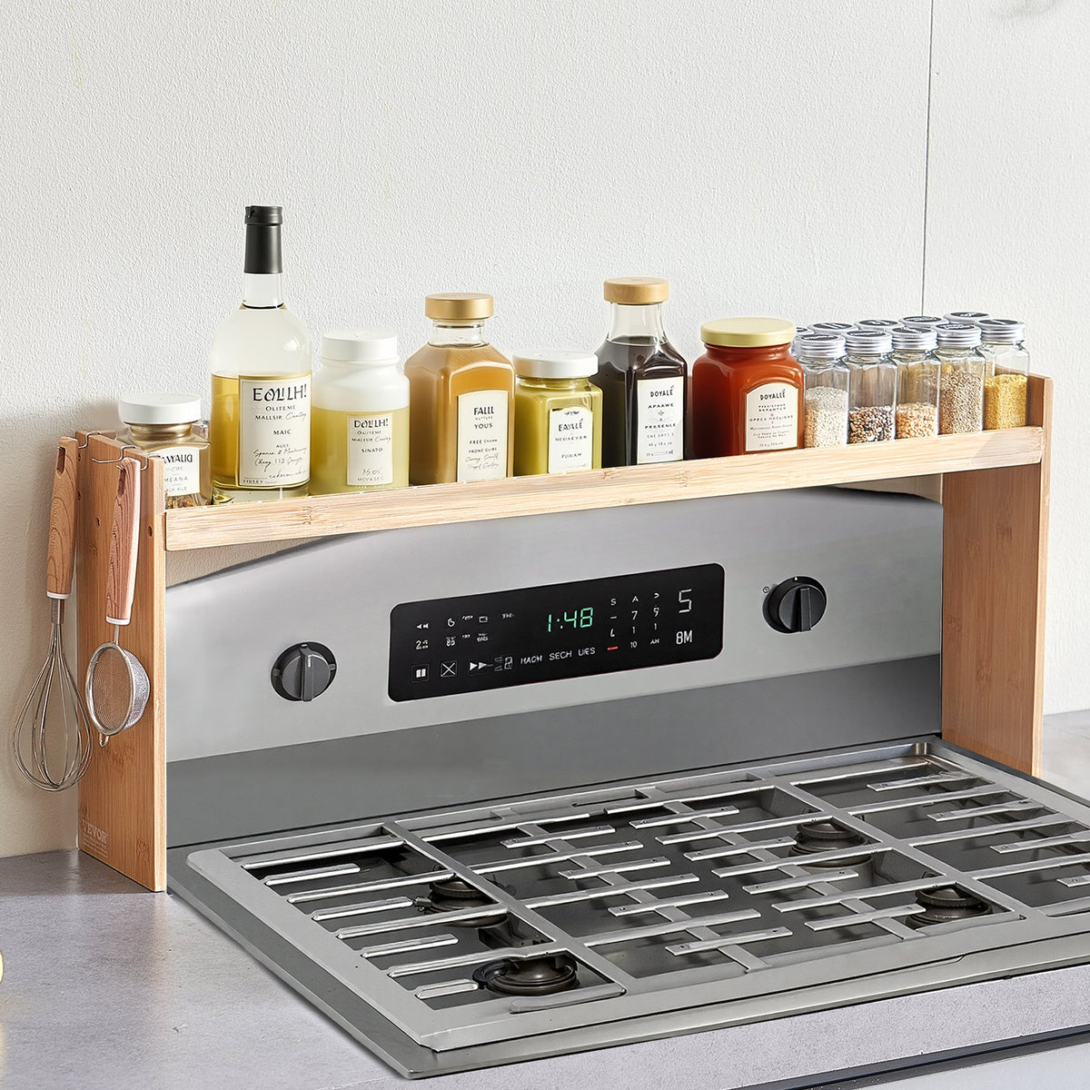 Over the Stove Spice Shelf Spice Rack Kitchen Organizer 32.6x13in Bamboo 6 Hooks — product image 1