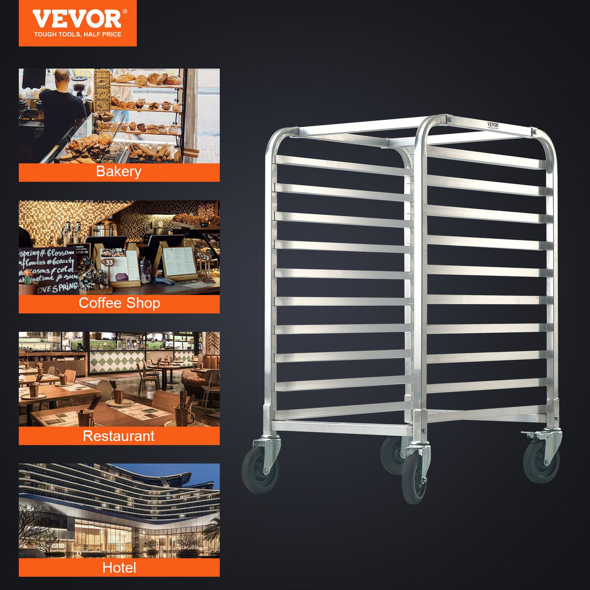 VEVOR Bun Pan Rack, 10-Tier Commercial Bakery Racks With Brake Wheels, Aluminum Racking Trolley Storage For Half & Full Sheet, Speed Rack For Kitchen Home, Bread Baking Equipment, — product image 2