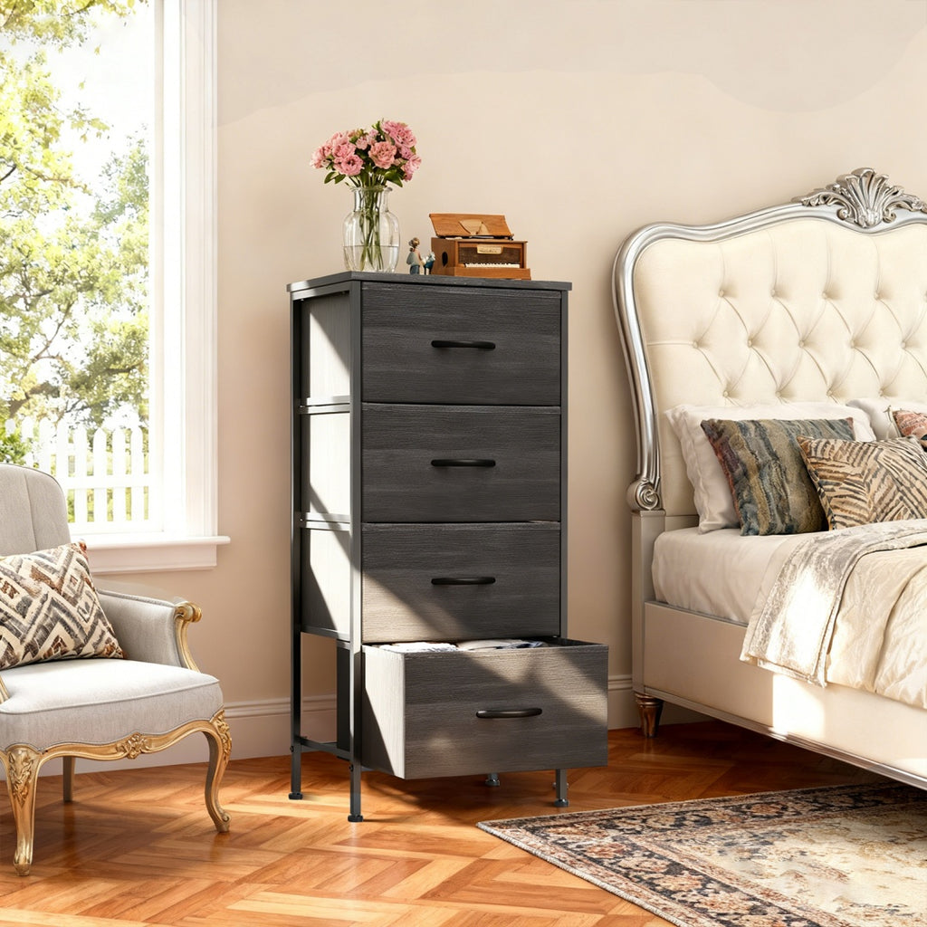 Black wood five-drawer fabric dresser — view 3