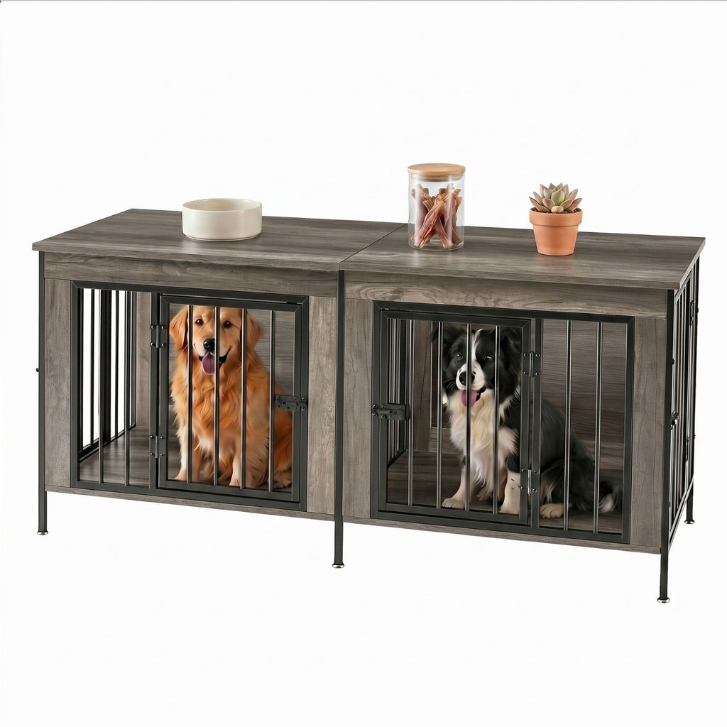 Double Dog Crate Furniture With Divider, Heavy Duty Pet Kennel End Table TV Stand, Extra Large Double Door — product image 2