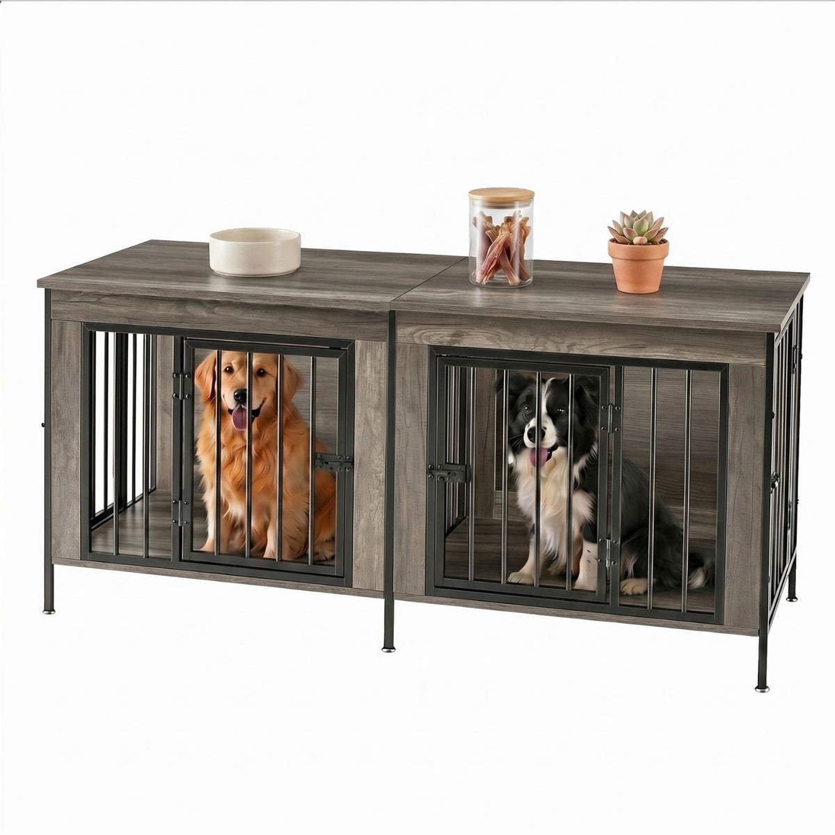 Double Dog Crate Furniture With Divider, Heavy Duty Pet Kennel End Table TV Stand, Extra Large Double Door — product image 2