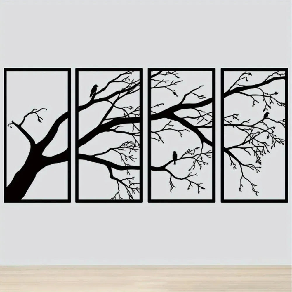 Iron Bare Branch & Bird 4-Panel Wall Art — Minimalist Style Wall Hanging — product image 1
