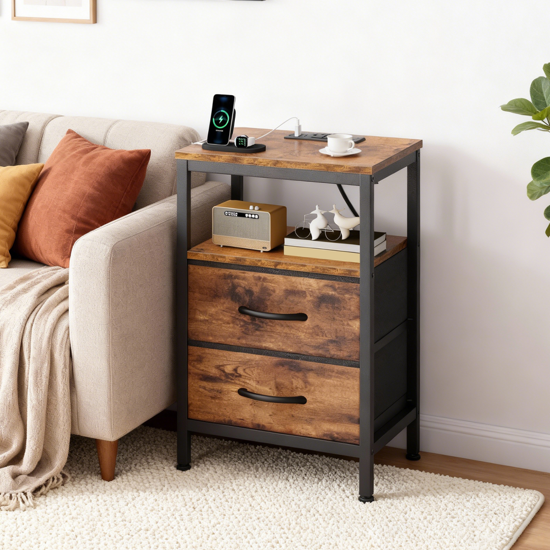 A Small Bedside Table with A Charging Station and Two Fabric Drawers — product image 1