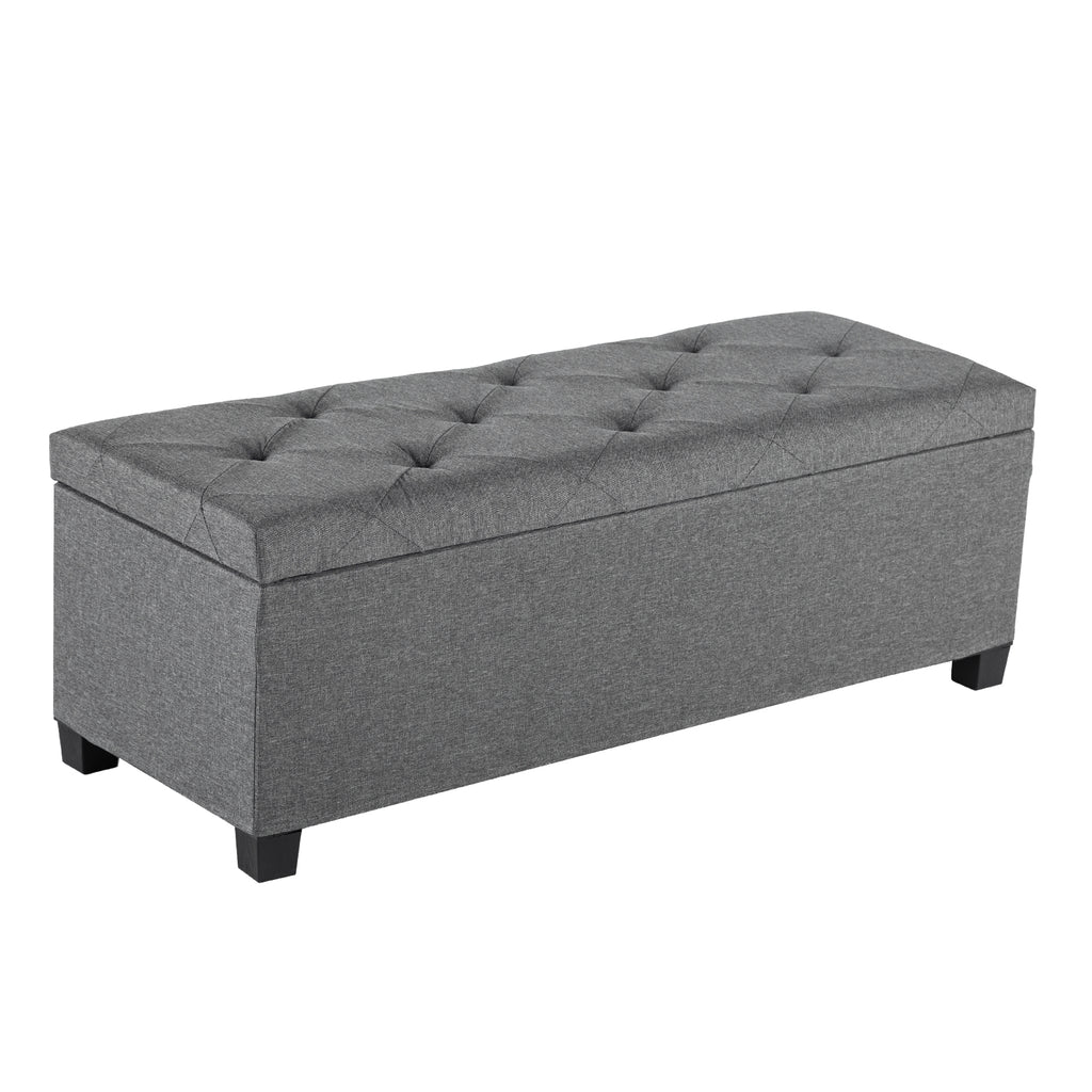 Dark gray rectangular upholstered storage ottoman with tufted lid