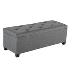 Dark gray rectangular upholstered storage ottoman with tufted lid