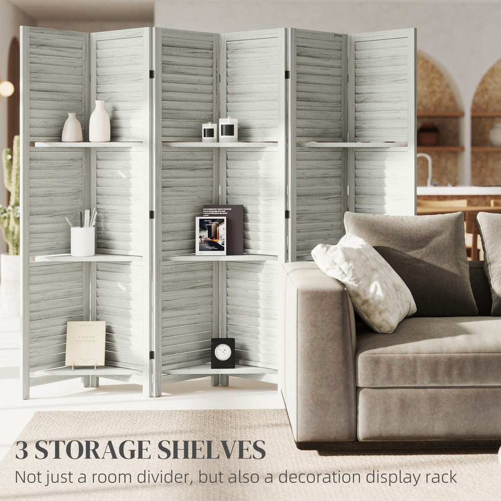 6 Panel 67" Tall Wood Privacy Screen Room Divider with 3 Shelves and Folding Storage — product image 2