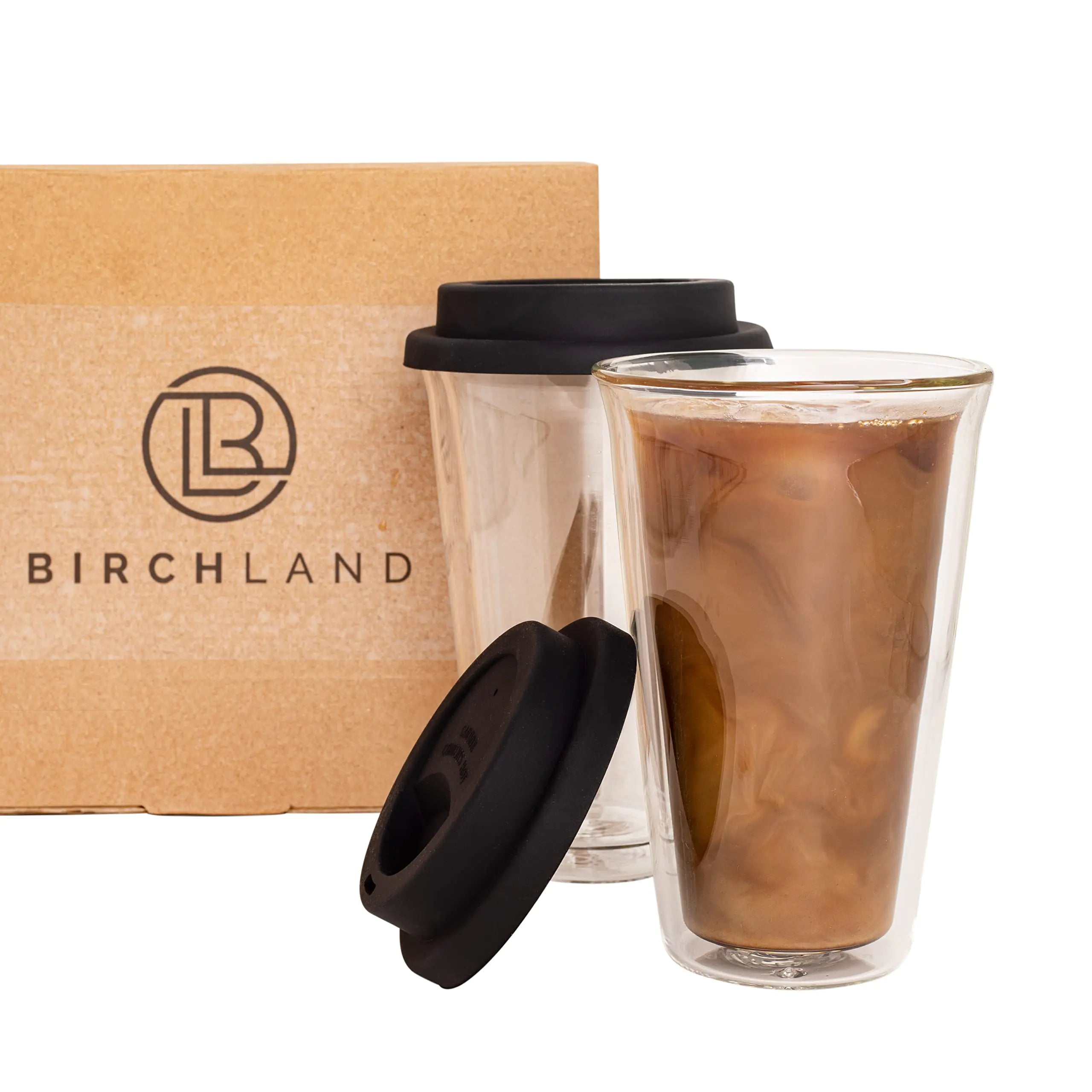 Birchland Twin Insulated Glass Coffee Mugs 12 oz with Lids