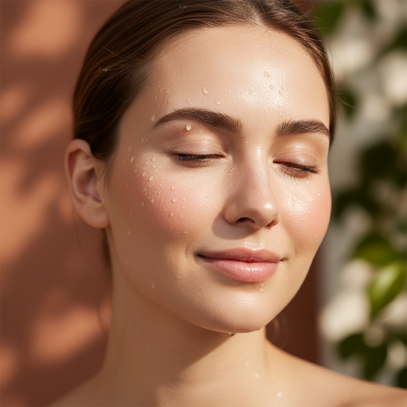 Close-up of a woman with closed eyes, dewy skin, and water droplets, set against a warm brown wall with soft green foliage in the background.