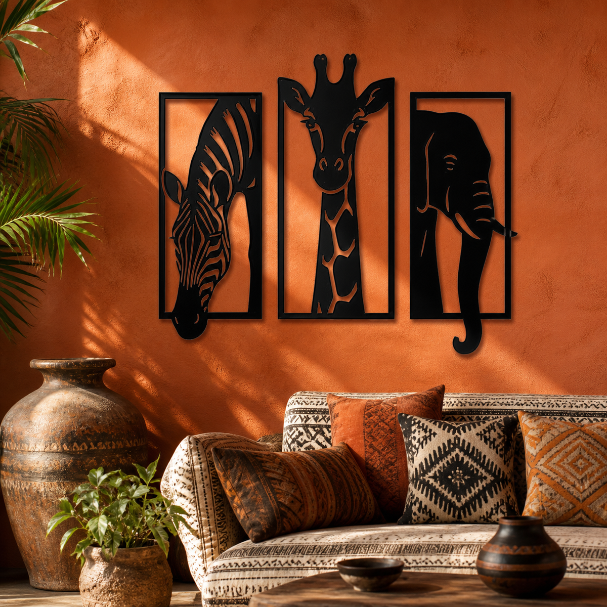 Three-piece black metal African animal wall art set — vibrant primary lifestyle view