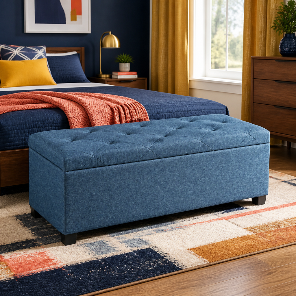 Blue upholstered storage ottoman with removable tufted lid — vibrant primary lifestyle view