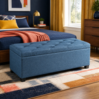Blue upholstered storage ottoman with removable tufted lid — vibrant primary lifestyle view