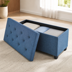 Blue upholstered storage ottoman with removable tufted lid — complementary lifestyle detail view