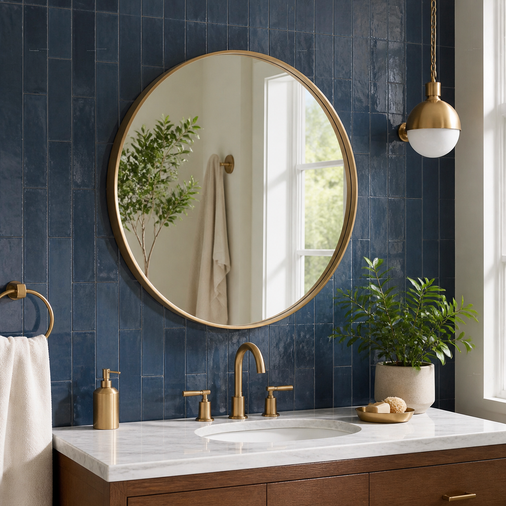 Gold round aluminum-frame wall mirror — colorful lifestyle view