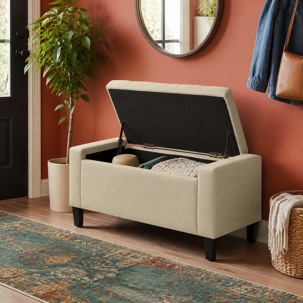 Beige 36-inch lift-top storage bench — colorful lifestyle view