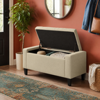 Beige 36-inch lift-top storage bench — colorful lifestyle view