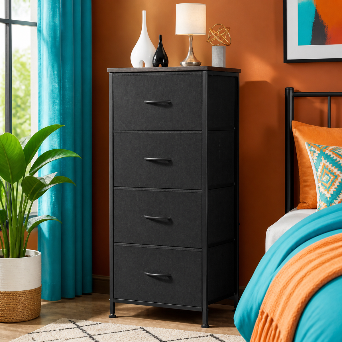 Black four-drawer fabric dresser — vibrant primary product view