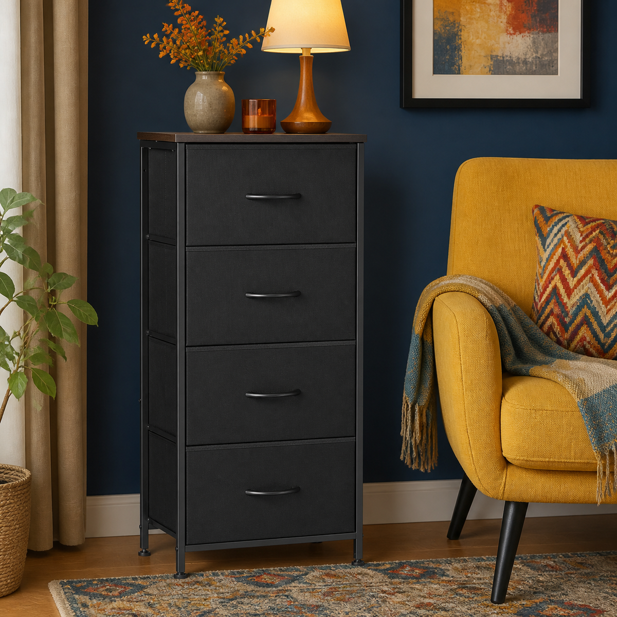 Black four-drawer fabric dresser — colorful lifestyle view