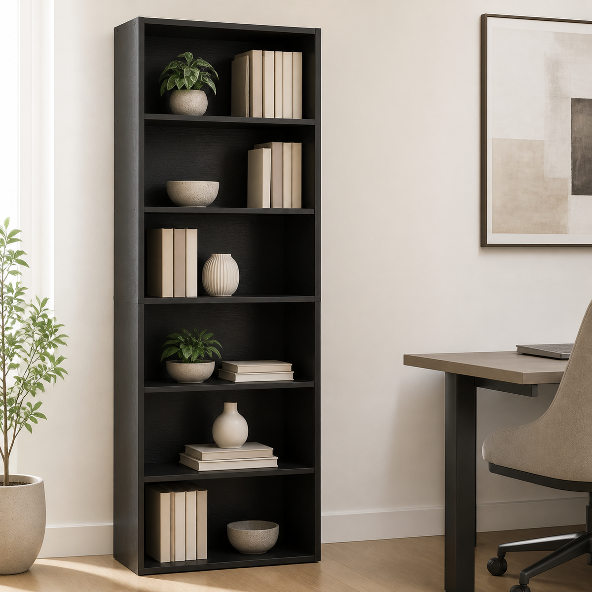 Six-Tier Industrial Bookcase — Black — styled lifestyle image