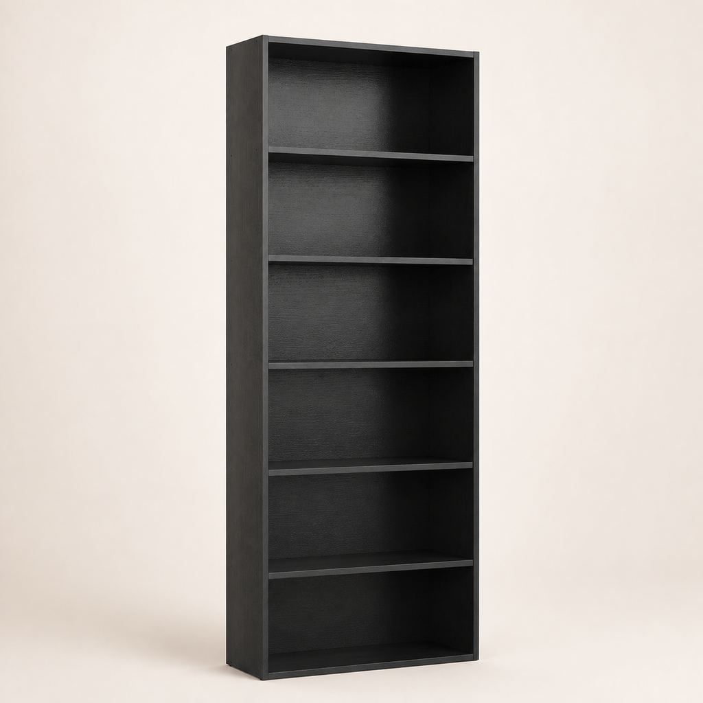 Six-Tier Industrial Bookcase — Black — premium studio product image