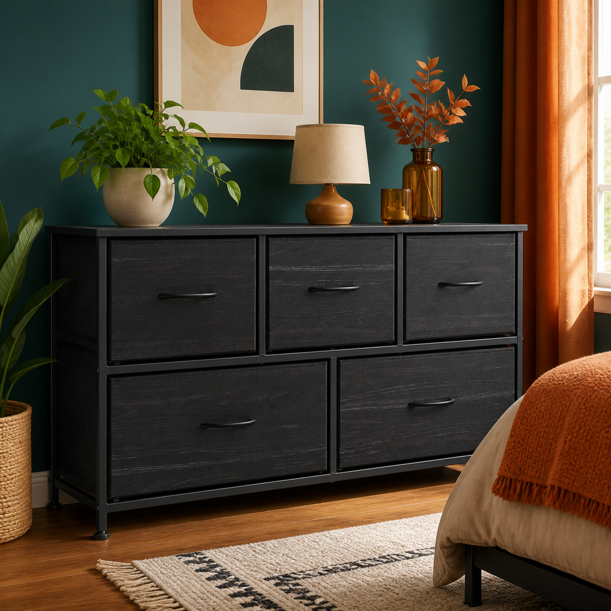 Black wood five-drawer fabric dresser — vibrant primary product view