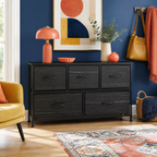 Black wood five-drawer fabric dresser — colorful lifestyle view