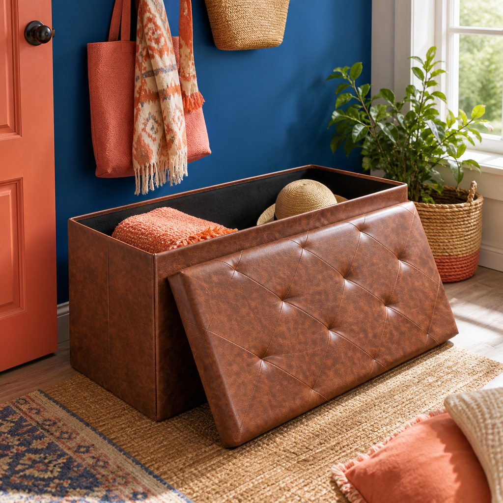 Brown 30-inch folding storage ottoman bench — colorful lifestyle view