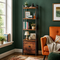Brown five-tier bookcase with fabric drawer — vibrant primary product view