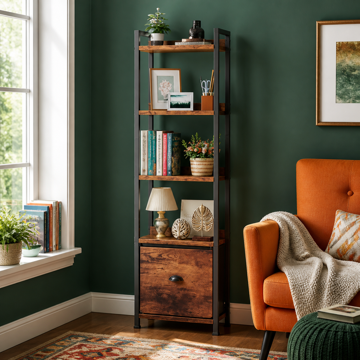Brown five-tier bookcase with fabric drawer — vibrant primary product view