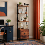 Brown five-tier bookcase with fabric drawer — colorful lifestyle view